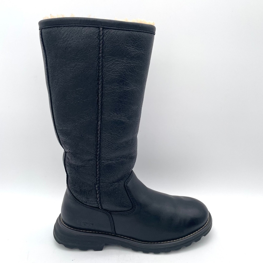 UGG Brooks Tall Leather Boots Women 7 Black Excellent 5490 Shearling Lined Lug